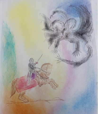Desenho em pastel de um cavaleiro a cavalo que ergue sua espada diante de um dragão escuro, sobre um fundo de cores suaves