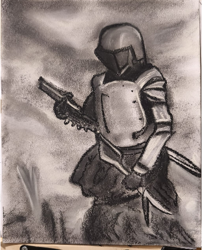 Desenho a carvão de um cavaleiro com armadura e lança, entre nuvens de fumaça