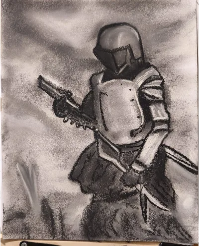 Desenho a carvão de um cavaleiro com armadura e lança, entre nuvens de fumaça