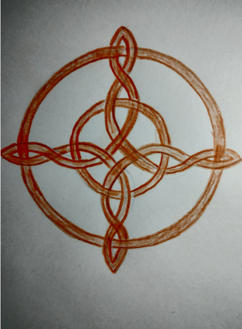 Desenho de formas: nó entrelaçado em tons terracota, de traço circular com quatro pontas