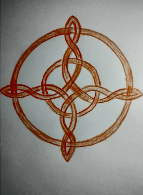 Dibujo de formas: nudo entrelazado en tonos terracota, de trazo circular con cuatro puntas