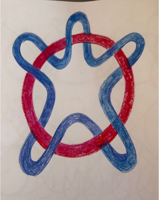 Desenho de formas: estrela de traço azul entrelaçada com um círculo vermelho