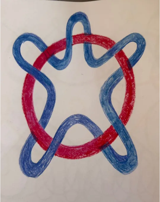 Desenho de formas: estrela de traço azul entrelaçada com um círculo vermelho